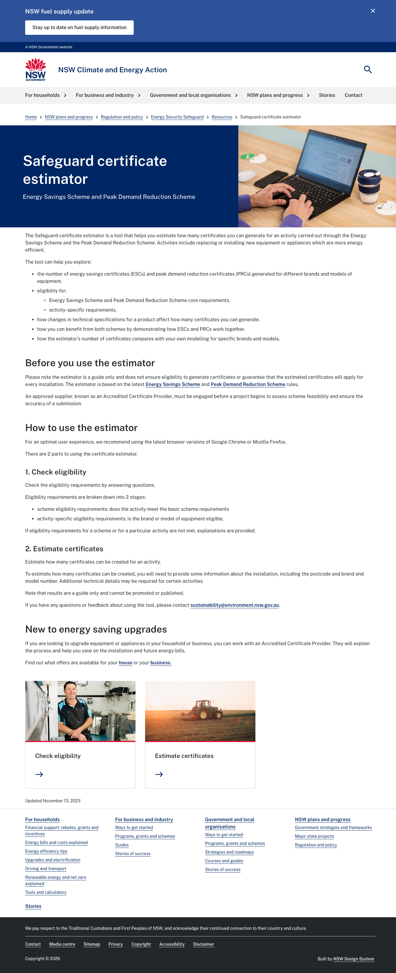 Safeguard Certificate Estimator, NSW Energy Security Safe-Guard